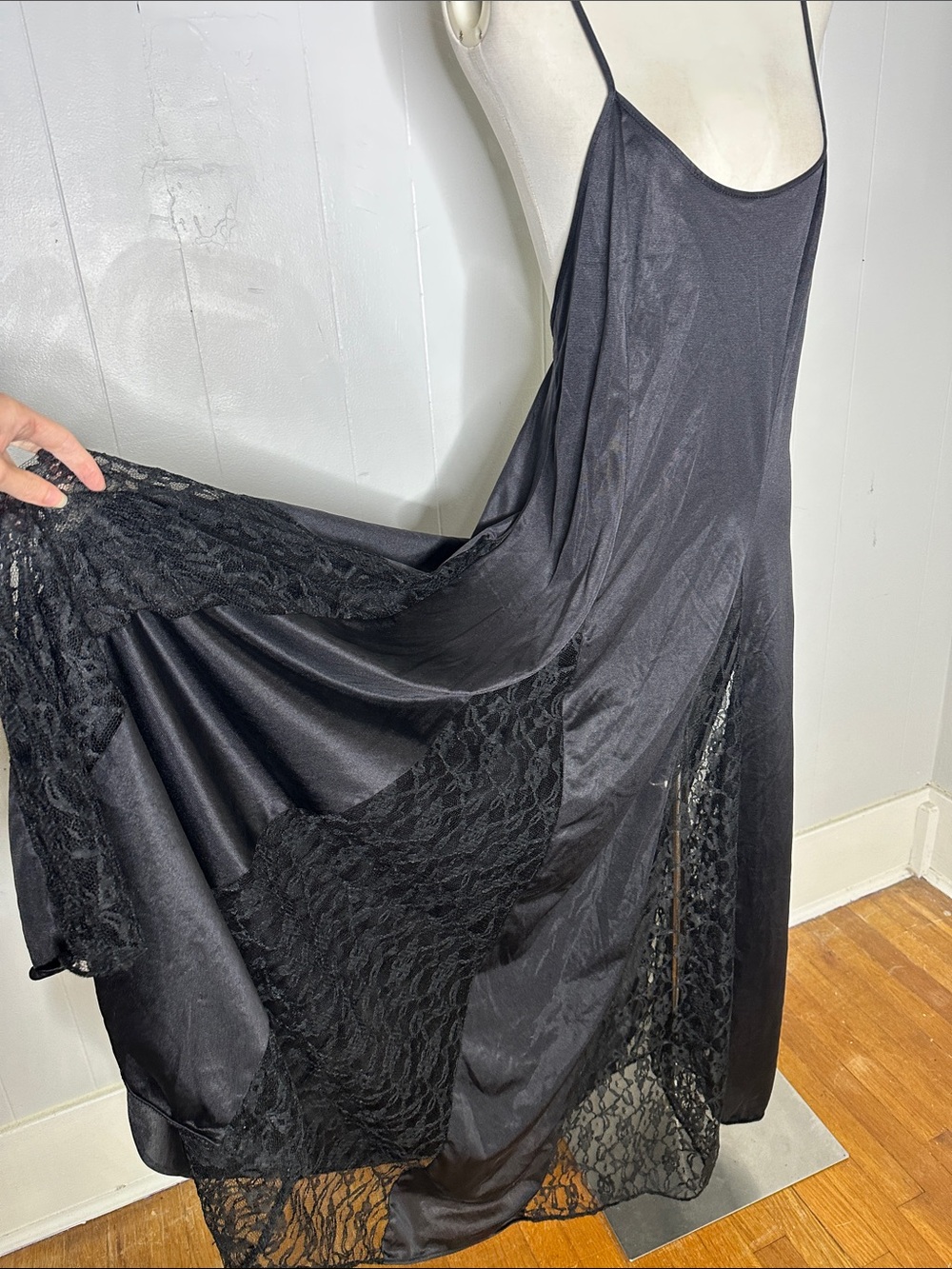Vintage 80s Black Nylon Lace Insertion Vampy Sexy Nightgown